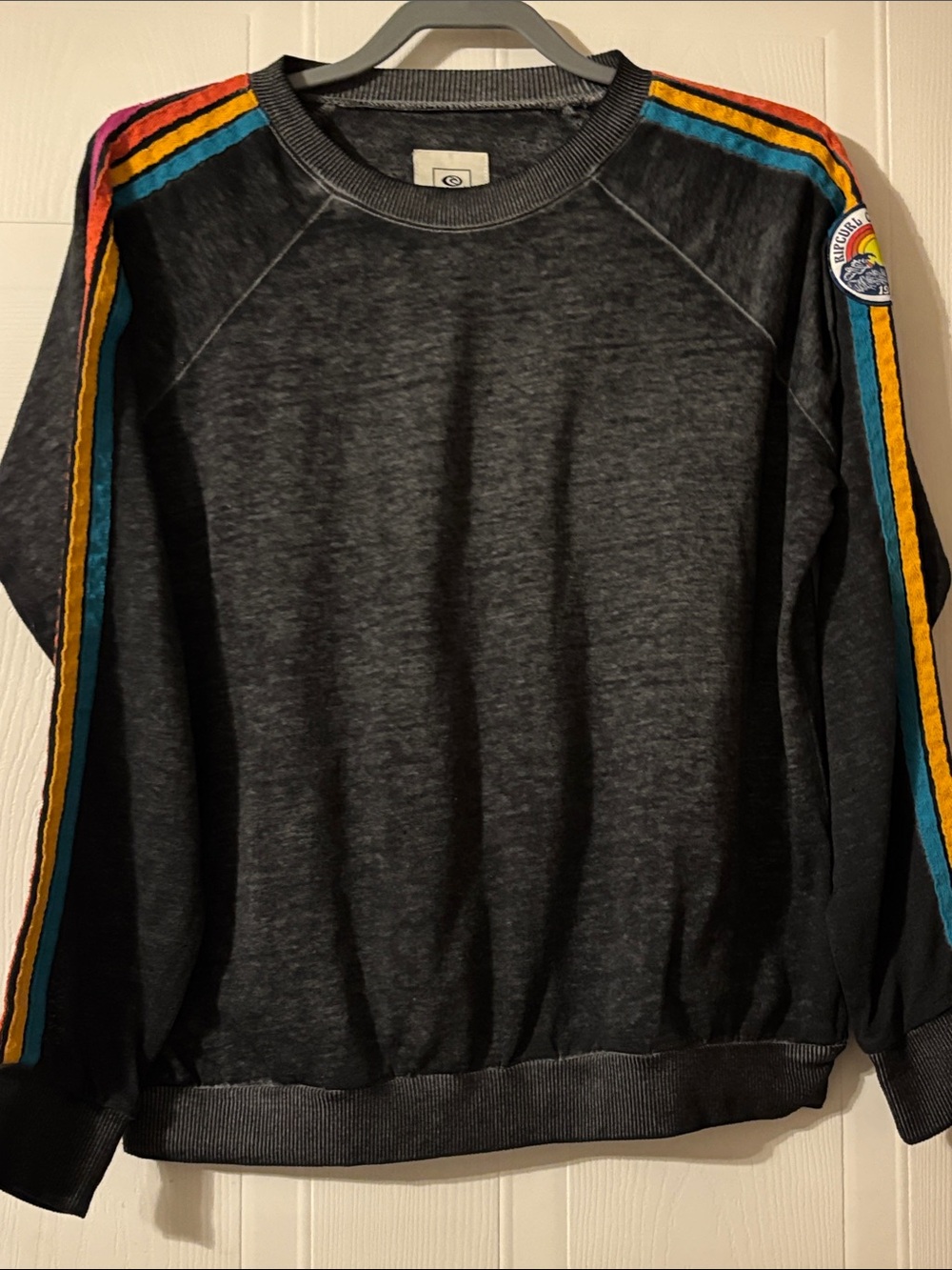 Unisex Charcoal Distressed Sweatshirt Multi-Color Shoulder Stripes with patch